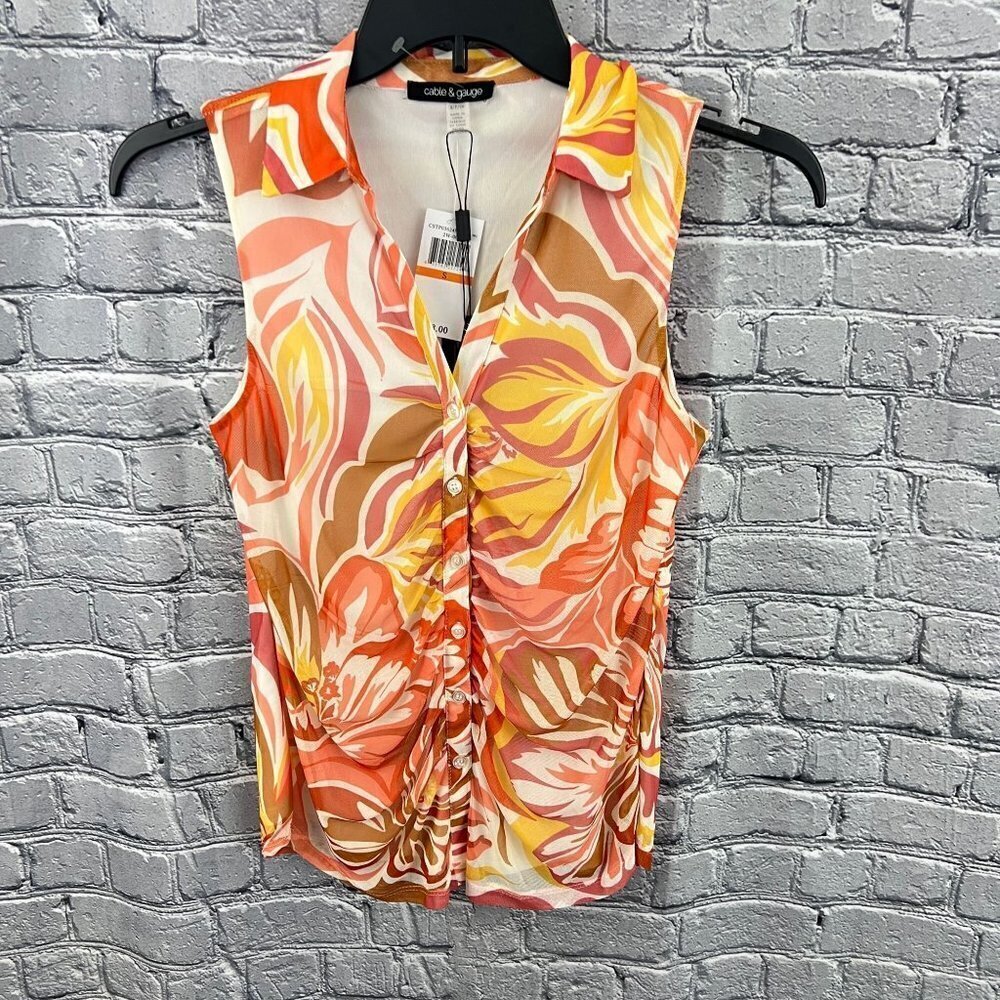 Cable and Gauge Blouse Womens Small Orange Floral Sleeveless Ruched Top V Neck